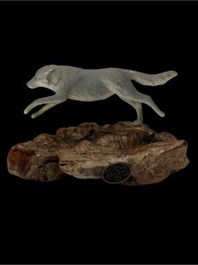 Vintage John Perry Running Lone Wolf Sculpture Pellucida Burl Wood Base